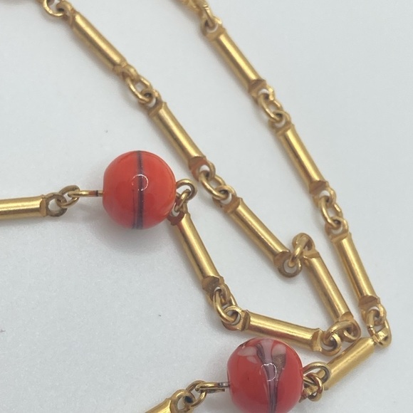 Vtg Orange Swirl Murano Glass Bead Gold Tone Chain Necklace 24” - Picture 2 of 6